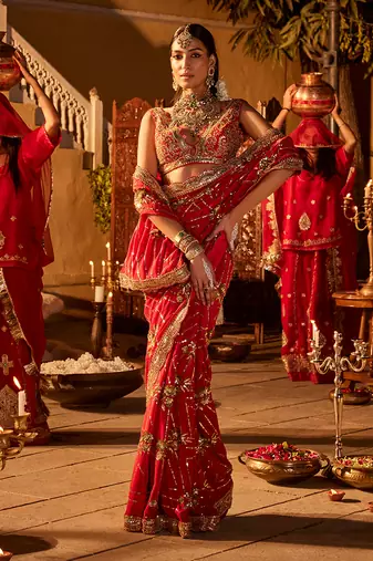 Red  crepe embroidered saree