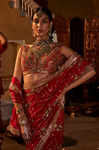 Red  crepe embroidered saree