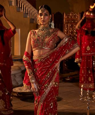 Red  crepe embroidered saree 5