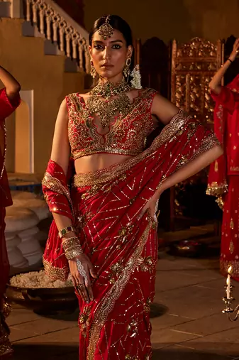 Red  crepe embroidered saree