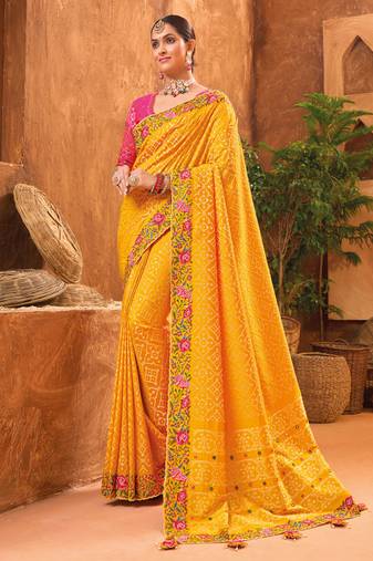 Mustard Banarasi silk blendKacchi, Diamond And Mirror Work Saree With Blouse