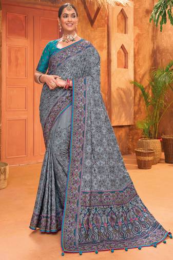 Grey Banarasi silk blendKacchi, Diamond And Mirror Work Saree With Blouse