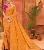 Mustard Banarasi silk blendKacchi, Diamond And Mirror Work Saree With Blouse