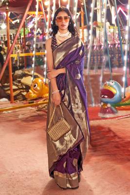 purple silk blend blend jacquard woven saree with blouse 1