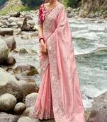 Baby pink silk heavy thread embroidery with sequins work saree with blouse