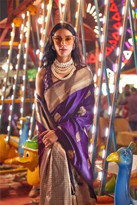 purple silk blend blend jacquard woven saree with blouse 2