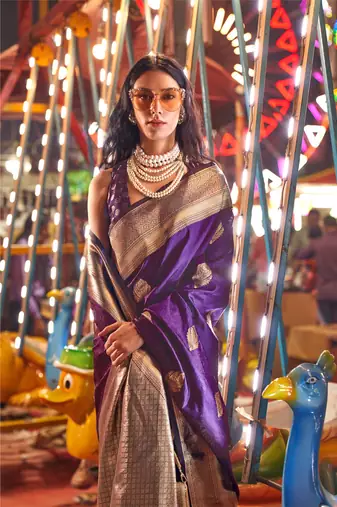 purple silk blend blend jacquard woven saree with blouse