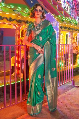green silk blend blend jacquard woven saree with blouse 1