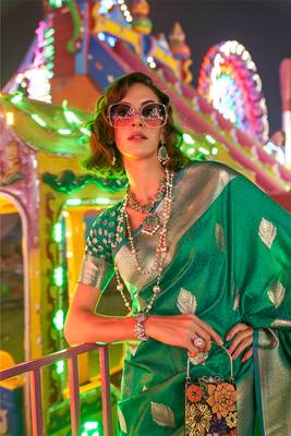 green silk blend blend jacquard woven saree with blouse 2