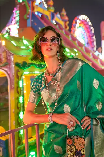 green silk blend blend jacquard woven saree with blouse