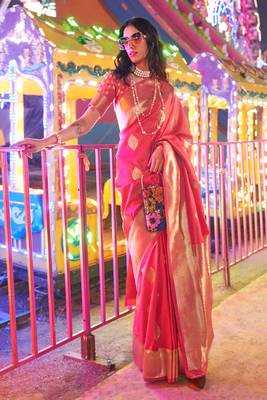 hotpink silk blend blend jacquard woven saree with blouse 1