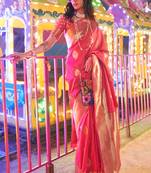 Hotpink Banarasi silk blend Jacquard Woven Saree With Blouse