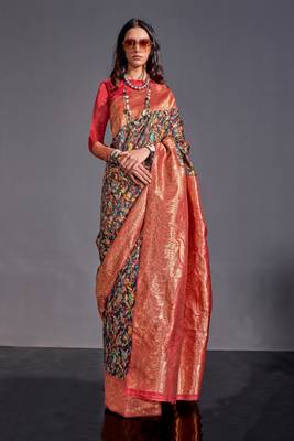 Black Kashmiri Silk Kashmiri Chaap Jacquard Woven Saree With Blouse 1