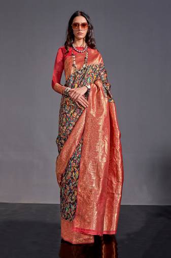 Black Kashmiri Silk Kashmiri Chaap Jacquard Woven Saree With Blouse