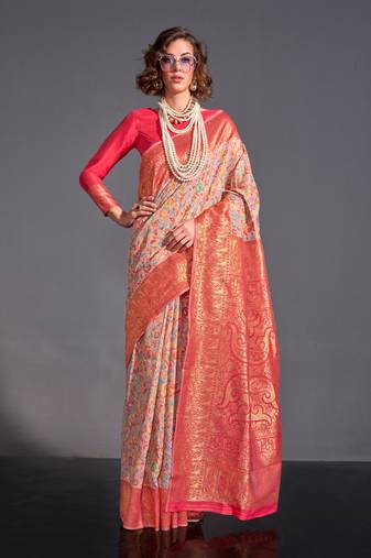 Off White Kashmiri Silk Kashmiri Chaap Jacquard Woven Saree With Blouse