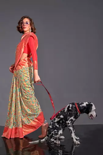 Light Green Kashmiri Silk Kashmiri Chaap Jacquard Woven Saree With Blouse