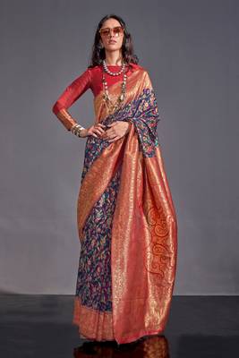 Blue Kashmiri Silk Kashmiri Chaap Jacquard Woven Saree With Blouse 1