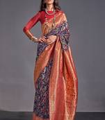 Blue Kashmiri Silk Kashmiri Chaap Jacquard Woven Saree With Blouse