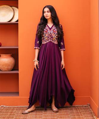 Purple silk embroidery gown with jacket 1