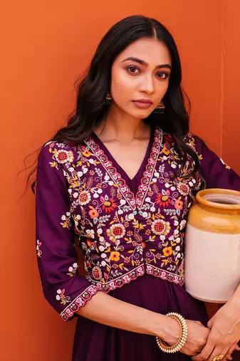 Purple silk embroidery gown with jacket