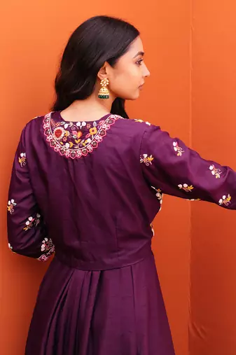 Purple silk embroidery gown with jacket