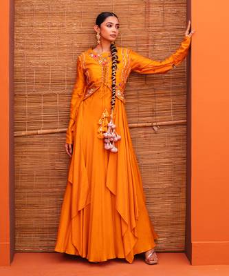 Orange silk embroidery gown 1