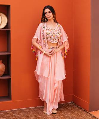 Pink silk embroidery jacket draped skirt set 1
