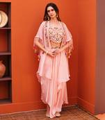 Pink silk embroidery jacket draped skirt set