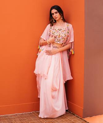 Pink silk embroidery jacket draped skirt set 2