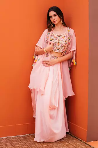 Pink silk embroidery jacket draped skirt set
