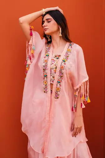 Pink silk embroidery jacket draped skirt set