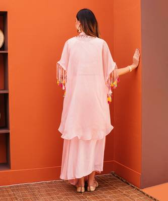 Pink silk embroidery jacket draped skirt set 4