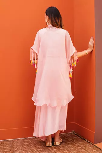 Pink silk embroidery jacket draped skirt set