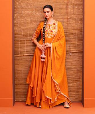 Orange silk embroidery gown with dupatta 1