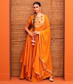 Orange silk embroidery gown with dupatta
