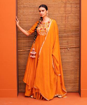 Orange silk embroidery gown with dupatta 2
