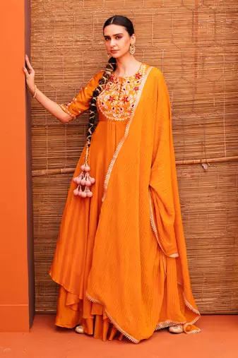 Orange silk embroidery gown with dupatta