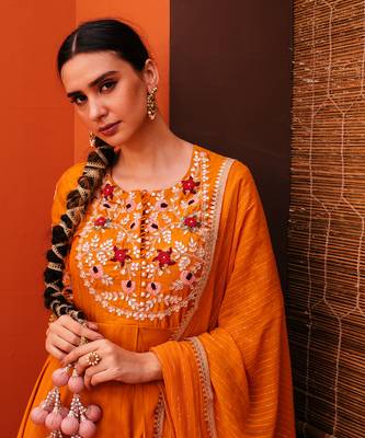 Orange silk embroidery gown with dupatta 3
