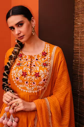 Orange silk embroidery gown with dupatta