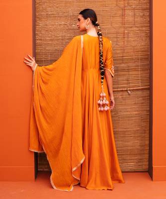 Orange silk embroidery gown with dupatta 4