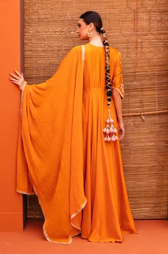 Orange silk embroidery gown with dupatta