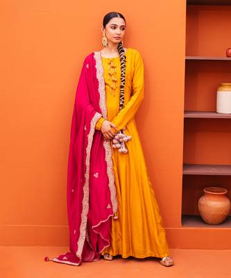 Yellow silk embroidery gown with dupatta 1