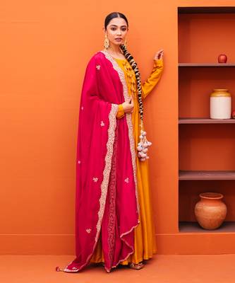 Yellow silk embroidery gown with dupatta 2