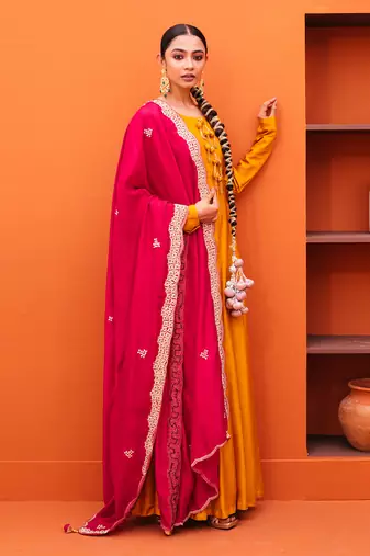 Yellow silk embroidery gown with dupatta