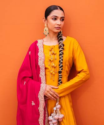 Yellow silk embroidery gown with dupatta 3