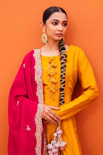 Yellow silk embroidery gown with dupatta