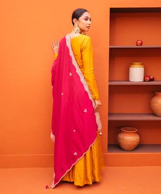 Yellow silk embroidery gown with dupatta 4