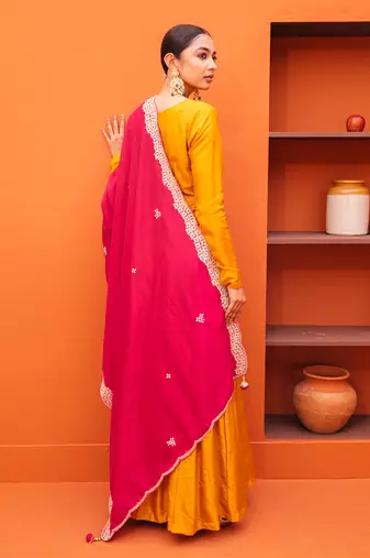 Yellow silk embroidery gown with dupatta