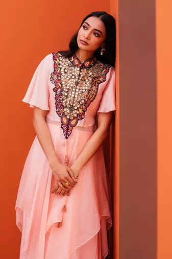 Pink crepe embroidery skirt set
