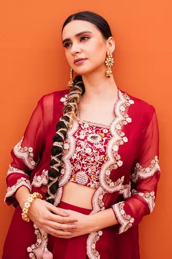 Red silk embroidery skirt set